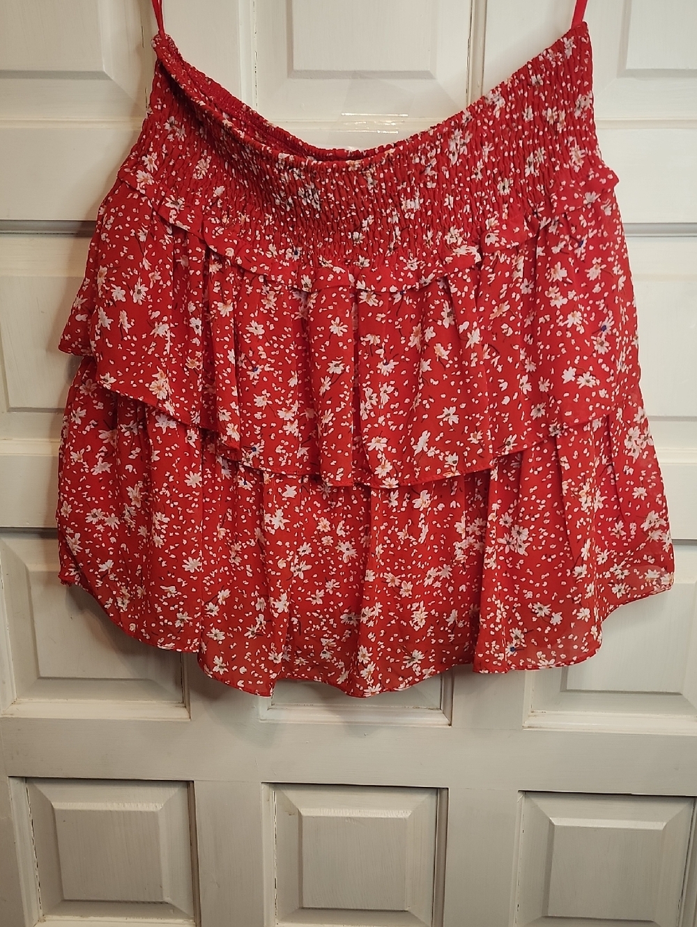 She & Sky Red Skirt Cute Floral Tiered Layered Lined Ruffled Mini